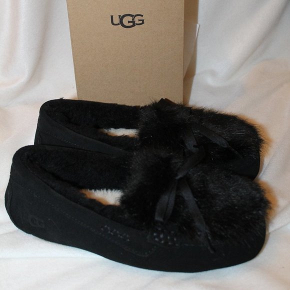 NEW UGG ANSLEY SHAINE SLIP ON FLUFF SUEDE SHEARLING LINED SLIPPERS BLACK - Picture 6 of 9